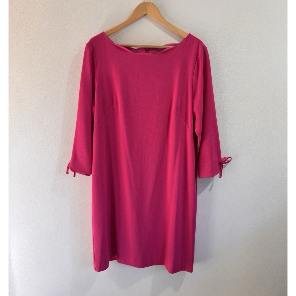 Talbots Dress 16 Pink Shift Scalloped Boat Neck 3/4 Sleeve Bows Preppy Chic